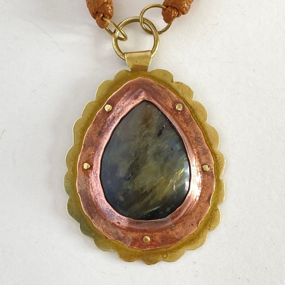 Labradorite Brutalist Handmade Cold Connections Copper and Brass Pendant Necklac - Picture 6 of 9